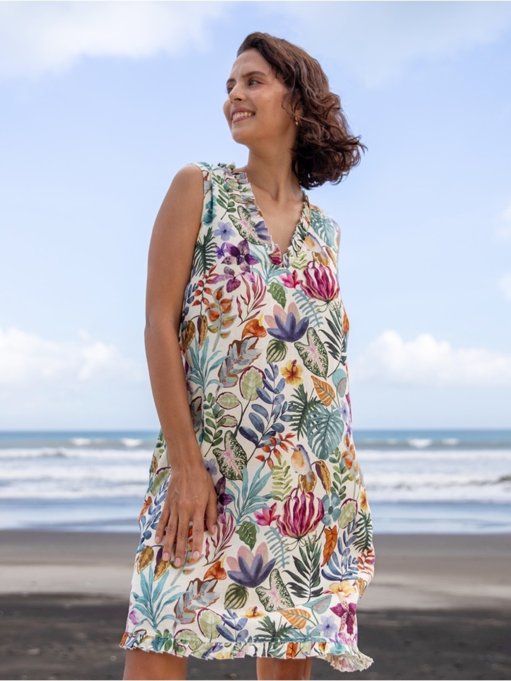 Yiume‎ womens Afternoon Garden Dress Tropical Floral Aloha Sz S linen A-line